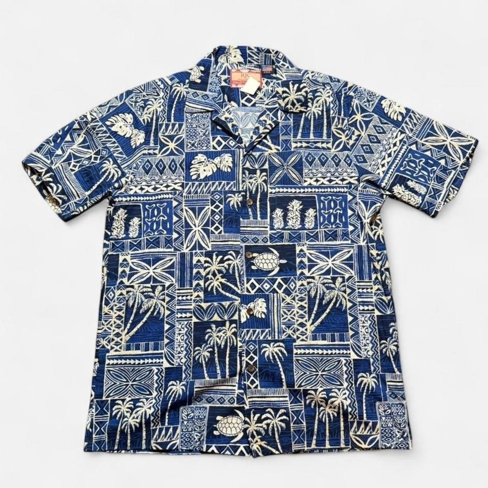 Vintage RJC Hawaiian Short Sleeve Button Shirt Tropical Blue Size M Made in USA‎
